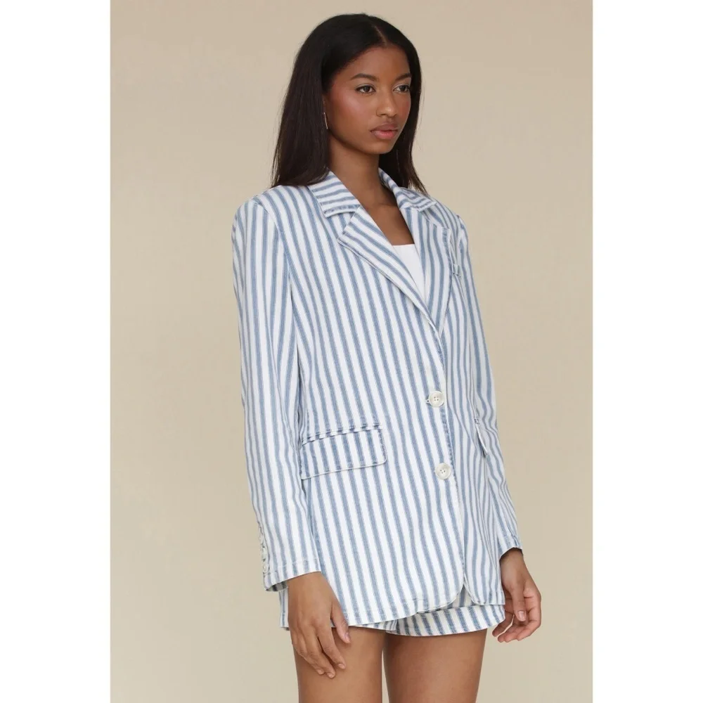 New Avec Les Filles Striped Cotton Blazer Blue White XS $149 - Picture 4 of 8